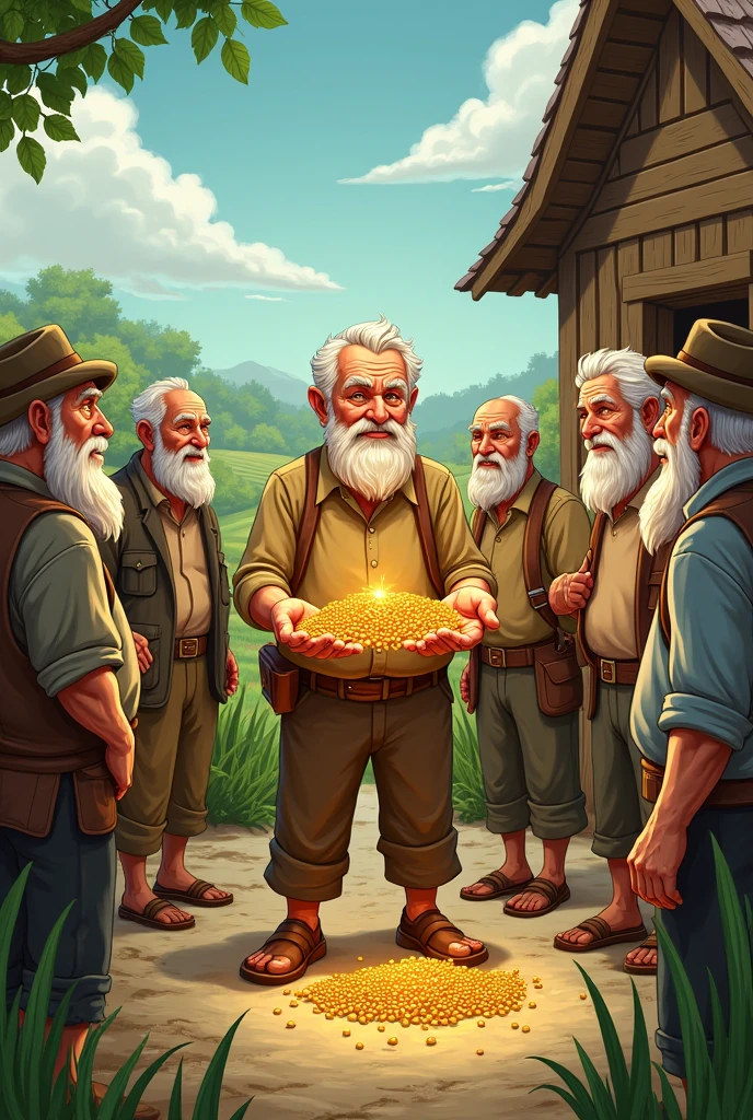 Old Farmer  get some golden seed and show his older male friends i found tell about seeds cartoon 