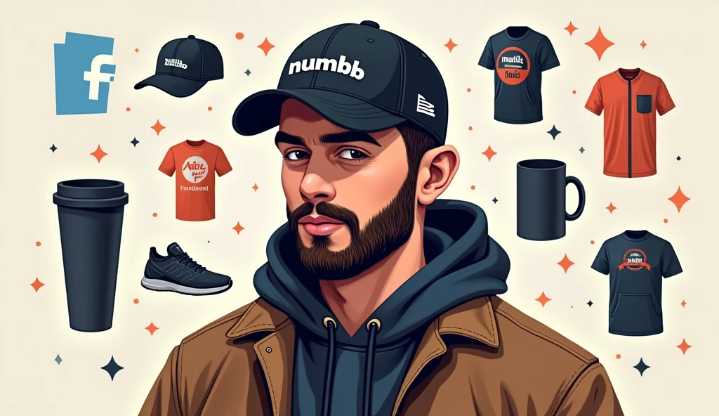 Create a social media cover photo for A young man with a beard and black basketball hat with the logo "Mark Numhb " with Facebook icon,Twitter icon ,Instagram icon ,twitter icon and tiktok icon where the person completes the design and puts them Vectors, Vector T-shirts, Vector Cups, Vector Caps and Vector Hoodies Sell online 
