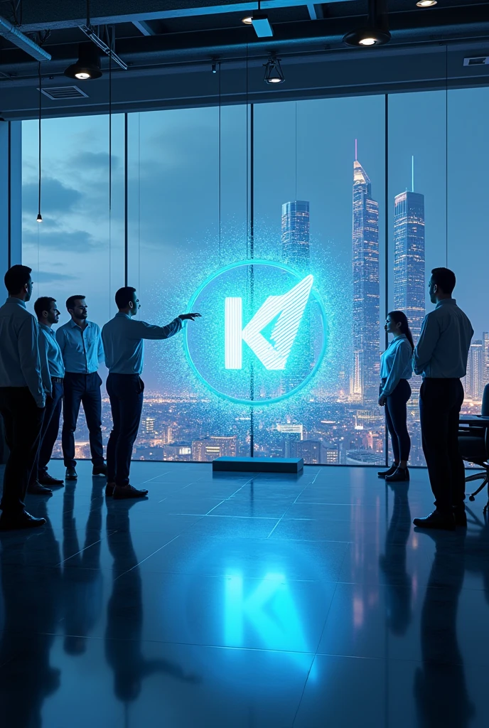 A huge glowing 3D rounded logo of 'KRS Electricals' kept on white floor and an Engineer touching logo and creating glowing waves on logo's surface in the backside a big window showcasing skyscraper and employees arounded with big office