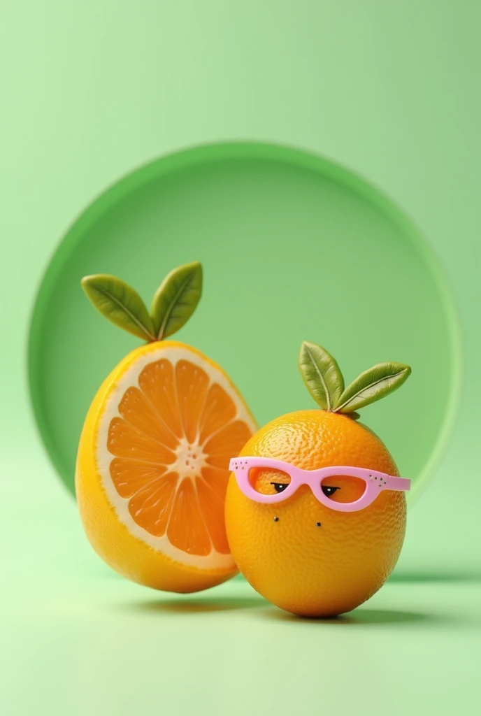On a light green circular background with alebrije styles. With a minimalist style for logo Draw 2 half oranges. Each Half must be animated with an identity, The first one should be male with a leaf-shaped pompadour hairstyle and the other female with pink glasses.