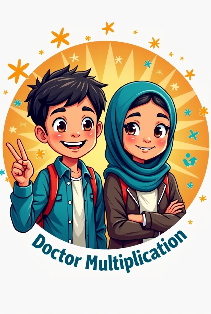 Logo in circle for boy and muslim girl in primary school expert in multiplication table which called doctor multiplication With stricking background