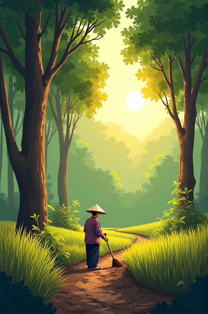 Make me a vector art of a rice farmer hoeing and a teak forest with an afternoon atmosphere