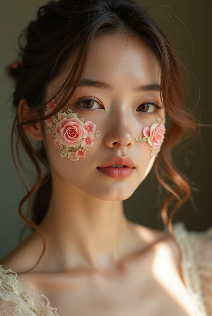 Real female model creative and aesthetic shoot with applied rose face mask