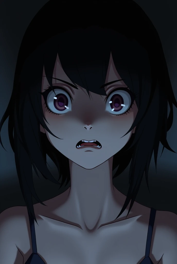 Please create an image of Filia Medici, a character from the game Skullgirls, looking at us with a scared and fearful face. 