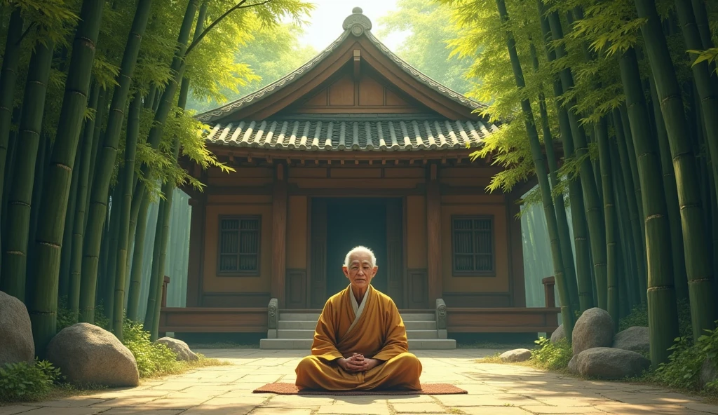 An elderly Zen master, Koji, sits peacefully in front of his temple, which is surrounded by towering bamboo trees. Koji is dressed in simple, traditional robes and has a calm, wise expression on his face. The sunlight filters through the bamboo leaves, casting dappled light on the ground and the temple's wooden structure. The setting exudes a sense of tranquility and deep wisdom."