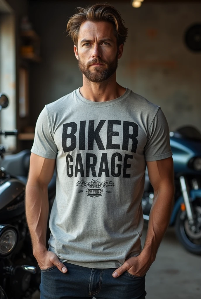 GREY T-shirt with print "BIKER GARAGE "