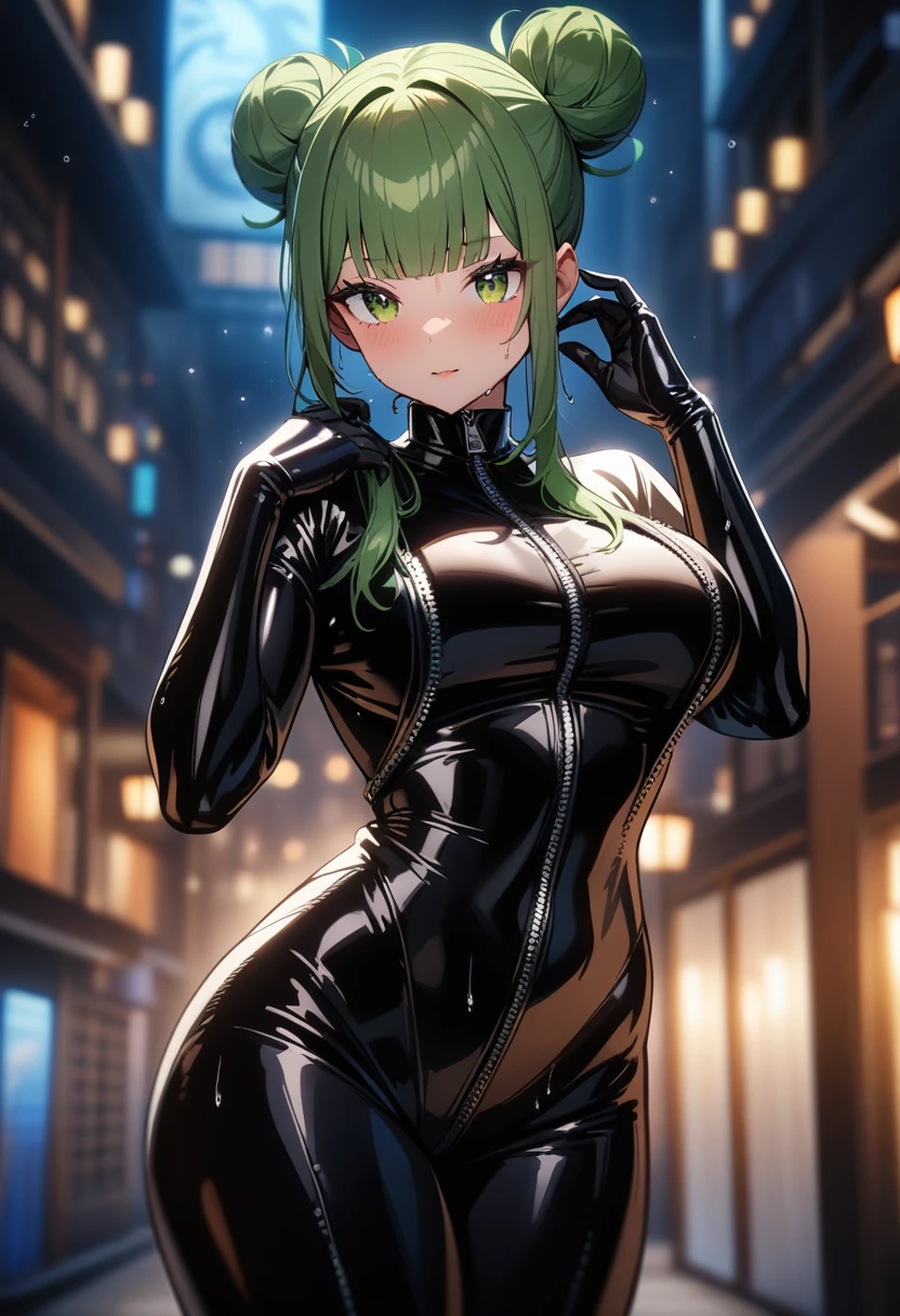 1girl,solo,super detailed skin,shiny skin,wet skin,natural face,eyelashes,green hair,double bun,blunt bangs,sidelocks,,large breasts,bodysuit,full-length zipper,open zippers,latex,ninja clothes,Shinobi costume,model pose,standing,night palace,masterpiece,best quality,ultra detailed,high resolution,sharp focus,depth of field