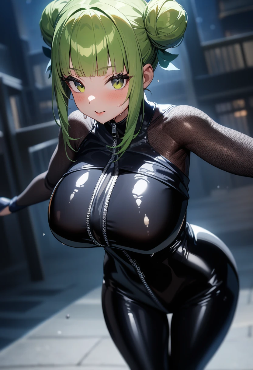 1girl,solo,super detailed skin,shiny skin,wet skin,natural face,eyelashes,green hair,double bun,blunt bangs,sidelocks,,large breasts,bodysuit,full-length zipper,open zippers,latex,ninja clothes,Shinobi costume,model pose,standing,night palace,masterpiece,best quality,ultra detailed,high resolution,sharp focus,depth of field
