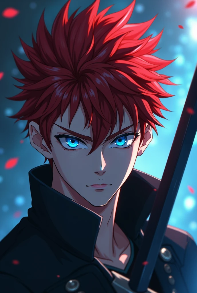 a beautiful redheaded man with piercing blue eyes devoid of emotion, sharp spiky hair, wearing a white collared shirt, expressionless face, holding a black sword, anime style, (best quality,4k,8k,highres,masterpiece:1.2),ultra-detailed,(realistic,photorealistic,photo-realistic:1.37),dramatic lighting,vivid colors,fantasy,mystical,ethereal,elegant