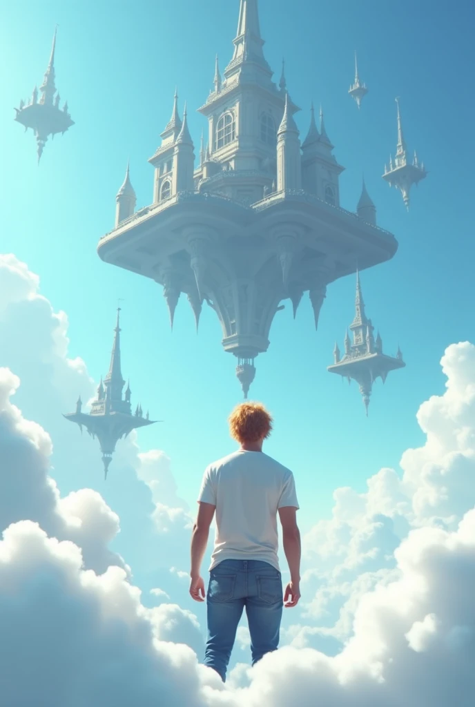 A cinematic medium shot of a athletic 46yr old man with strawberry-blonde hair wearing a t-shirt and jeans. Strong cinematic posture, back to the camera. He is standing knee-deep in clouds, between fluffy white clouds and looking at a magnificent fantasy city with intricate details. The city is floating in the air above the clouds, with small defensive towers flying around it. The background is a clear blue sky. The city has a heptagonal shape, with corner towers connected to the central part by galleries and passages. The city's design is strict yet graceful, combining futuristic and traditional architectural elements. It soars high in the sky in the air far away. The city has a fantasy look with a futuristic twist, and the flying towers serve as defense structures.