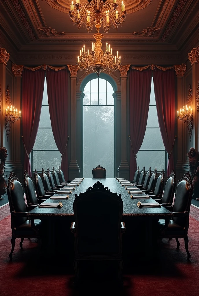 Create a hell-style boardroom that is big, very elegant, with pictures of demons, that there are windows with cherry curtains, chandeliers and put a black table in the middle with 9 chairs around it 