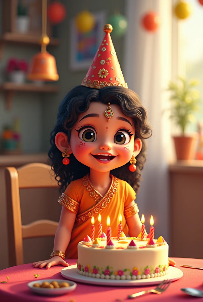 One girl birthday girl for see mobile and put tikka and eat cake and baby girl something 2 year