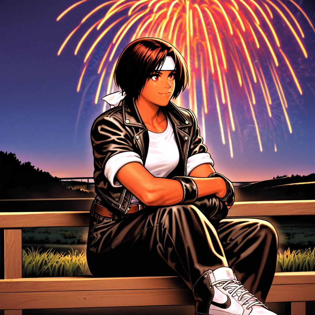 Alone,Female,sitting on porch,(bright fireworks),watching fireworks,short,dark hair,best lighting,dark skin,red eyes,((black leather jacket with rolled up arms)),fingerless gloves,white T-shirt,((white headband)),black long pants,white shoes,brown belt,cute fine background,charm points,Japanese countryside,slightly bigger chest,outdoors,high quality,night,confident smile. Fun atmosphere.