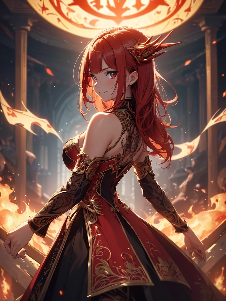 (((best quality, sharp image, clear image, cinematic lighting, 8k resolution, masterpiece, ultra detailed, intricate))) Girl, sorcerer, cute, intricate dress, smiling, fiery red, ((intricate background)), (rune frame), dimension, ((shot from behind)), fire sigils, chaotic background.