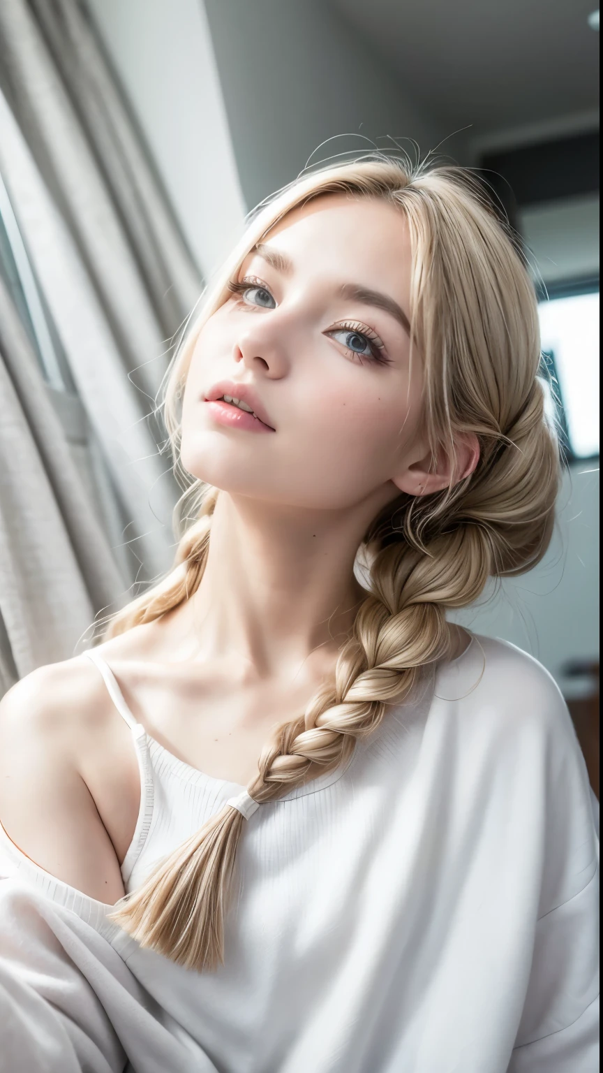 best quality, masterpiece,gray hair, golden eyes,white clothes, look up, upper body,hair,fair skin,side braids