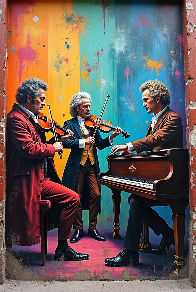Create a graffiti mural with 3 characters from: vivaldi, mozarth, picasso, playing instruments