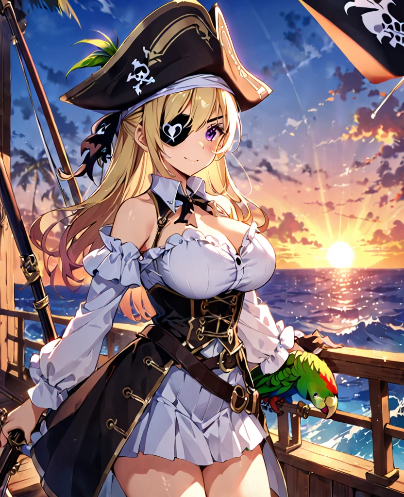Blonde girl Pirate Eye patch Musket Large breasts On board Parrot Sunset
