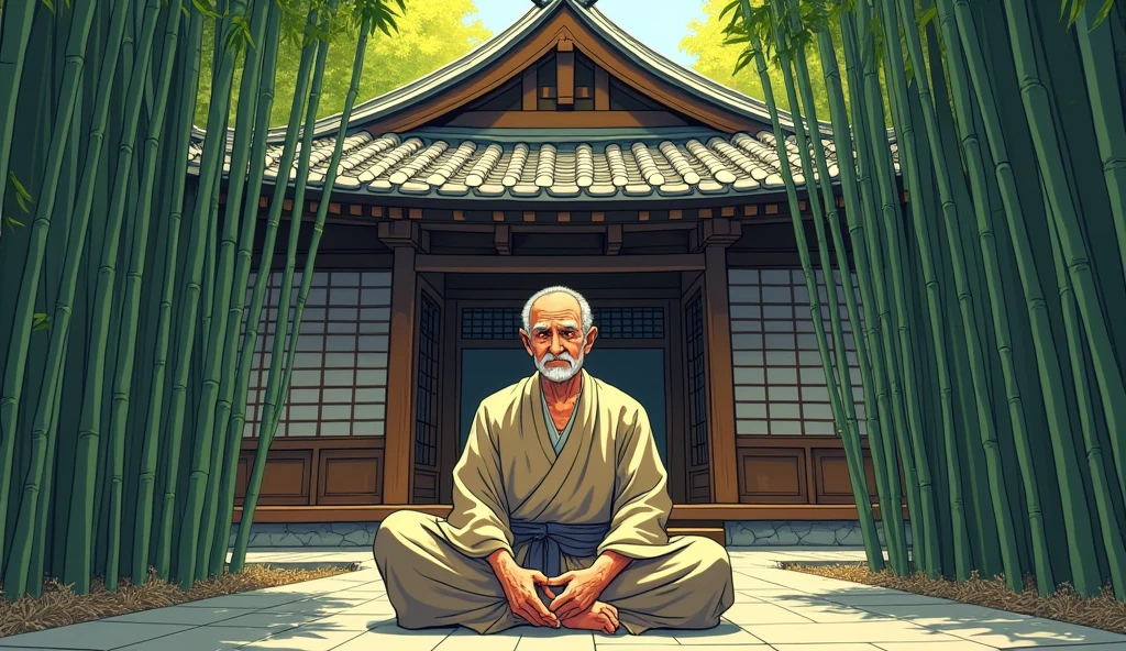 An elderly Zen master, Koji, sits peacefully in front of his temple, which is surrounded by towering bamboo trees. Koji is dressed in simple, traditional robes and has a calm, wise expression on his face. The sunlight filters through the bamboo leaves, casting dappled light on the ground and the temple's wooden structure. The setting exudes a sense of tranquility and deep wisdom." In Comic style 