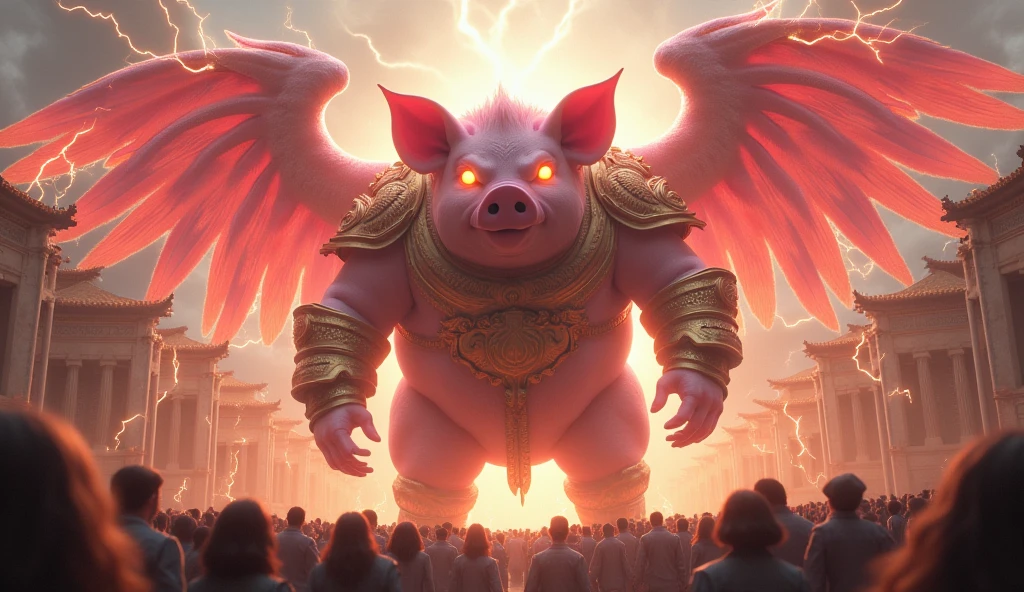 A pig, The color is pink, So big it could swallow a poem, Holy, Seongsu, Stand on two legs,  Spreading the angel&#39;s wings, human face, Wearing the armor of a medieval emperor,The size of a city , Rich medieval ancient city background, It is 100m in size, god화속세상, high detail, 8k, photorealistic, hyper realistic, god, Electricity surrounds the body, The eyes glow yellow., The crowd is bowing down to him..