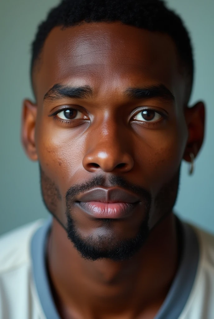 African man with skin color like Ronaldinho, approximately 1, blue colored eyes