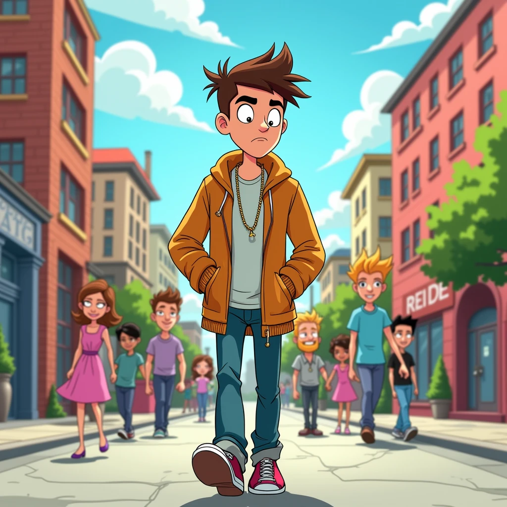 Simple 2d Cartoon, fairly odd parents cartoon design, age man walking on street, staring in front, serious face, have lovely couples on background, have title using bouncy font text on top says "REDE" street background, s