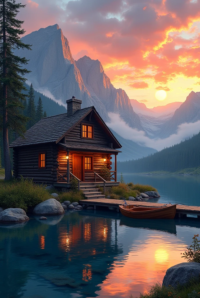 A photo of a rustic lakeside cabin at sunset. The log cabin is situated by a crystal-clear lake, and its reflection is mirrored on the water. The sky is painted with hues of orange and pink as the sun sets behind the towering mountains. A wooden dock extends into the lake, and a small rowboat is tied to it. Smoke curls from the cabin's chimney, suggesting a warm fire inside.