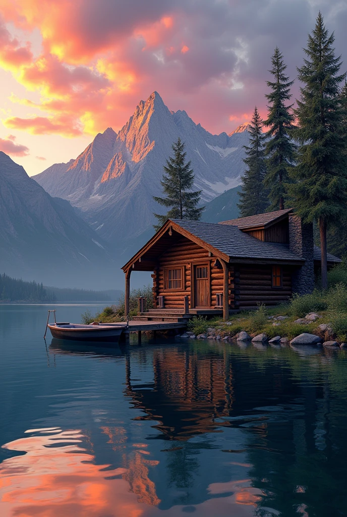 A photo of a rustic lakeside cabin at sunset. The log cabin is situated by a crystal-clear lake, and its reflection is mirrored on the water. The sky is painted with hues of orange and pink as the sun sets behind the towering mountains. A wooden dock extends into the lake, and a small rowboat is tied to it. Smoke curls from the cabin's chimney, suggesting a warm fire inside.