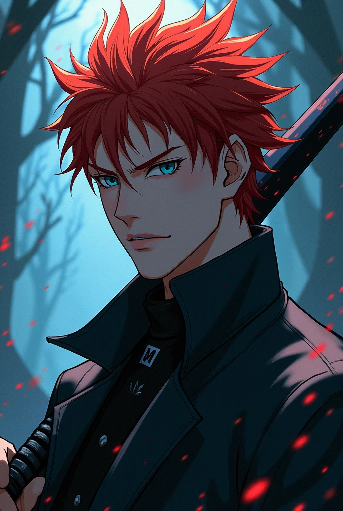 a beautiful redheaded man with piercing blue eyes devoid of emotion, sharp spiky hair, wearing a white collared shirt, expressionless face, holding a black sword, anime style, (best quality,4k,8k,highres,masterpiece:1.2),ultra-detailed,(realistic,photorealistic,photo-realistic:1.37),dramatic lighting,vivid colors,fantasy,mystical,ethereal,elegant