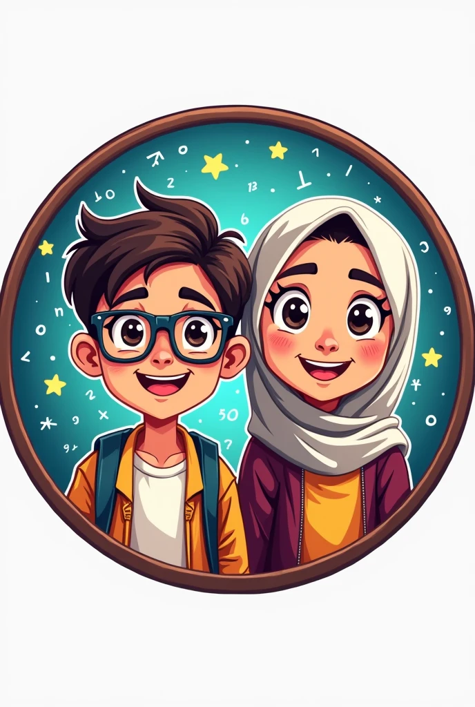 Logo in circle for boy and muslim girl in primary school expert in multiplication table which called doctor multiplication With stricking background