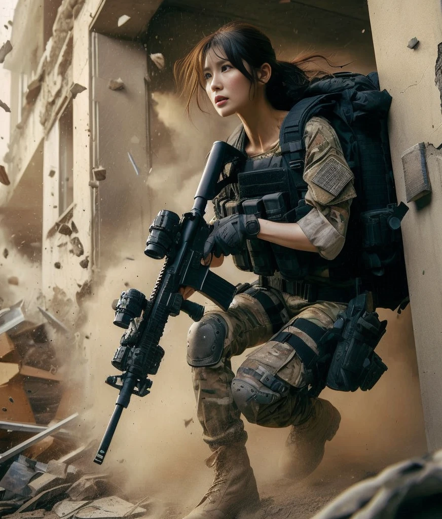 8K, realistic photo, realistic skin texture, Beautiful Japanese women in the US military、Outside the building、explosion、Close call、Walls bursting with debris、They are shouting to evacuate immediately.、Automatic rifle、Bulletproof vest、Back Back、boots、Covered in scars、Grim expression、Dynamic pose、Innovative composition、Dust is flying、傷だらけ