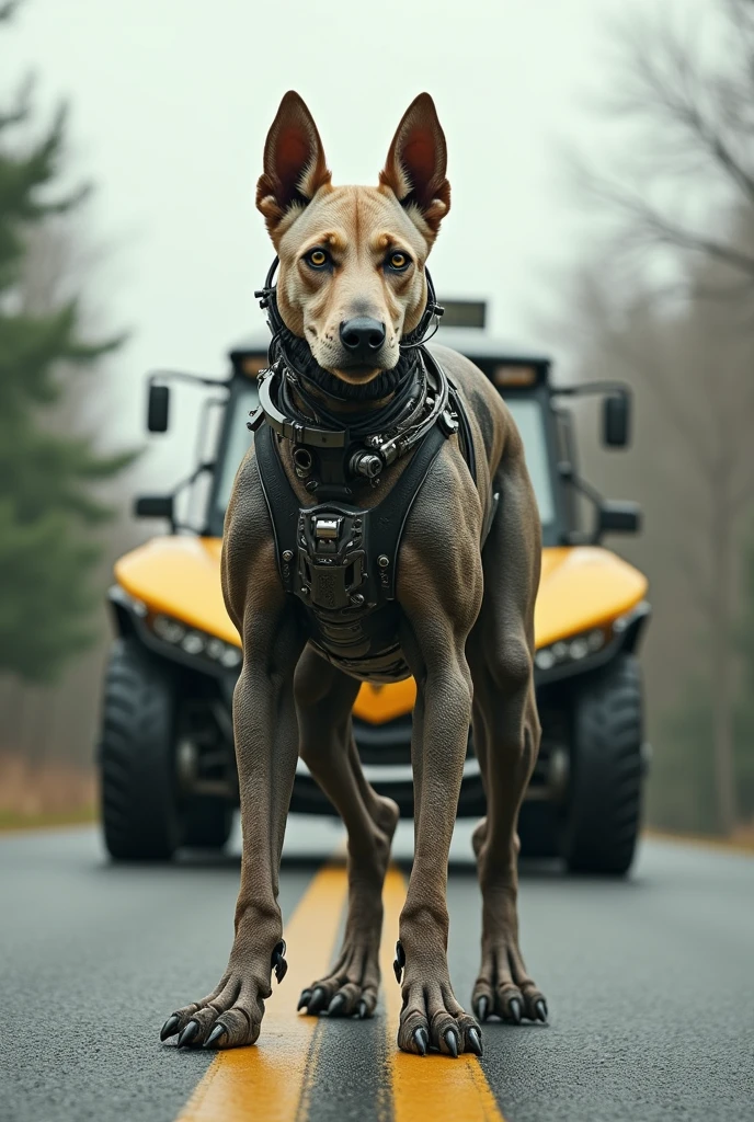 A dog standing on the main road between lamborgini mix in tractor in 16.9ratio and his leg is robotic and his face is dinosaur and his back is iron