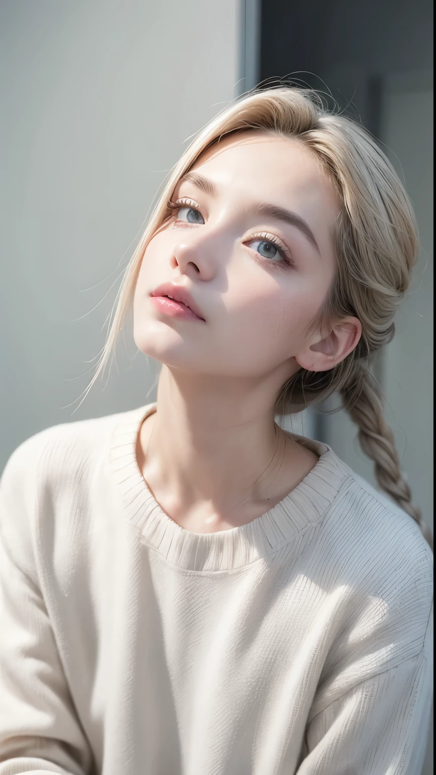 best quality, masterpiece,gray hair, golden eyes,white clothes, look up, upper body,hair,fair skin,side braids