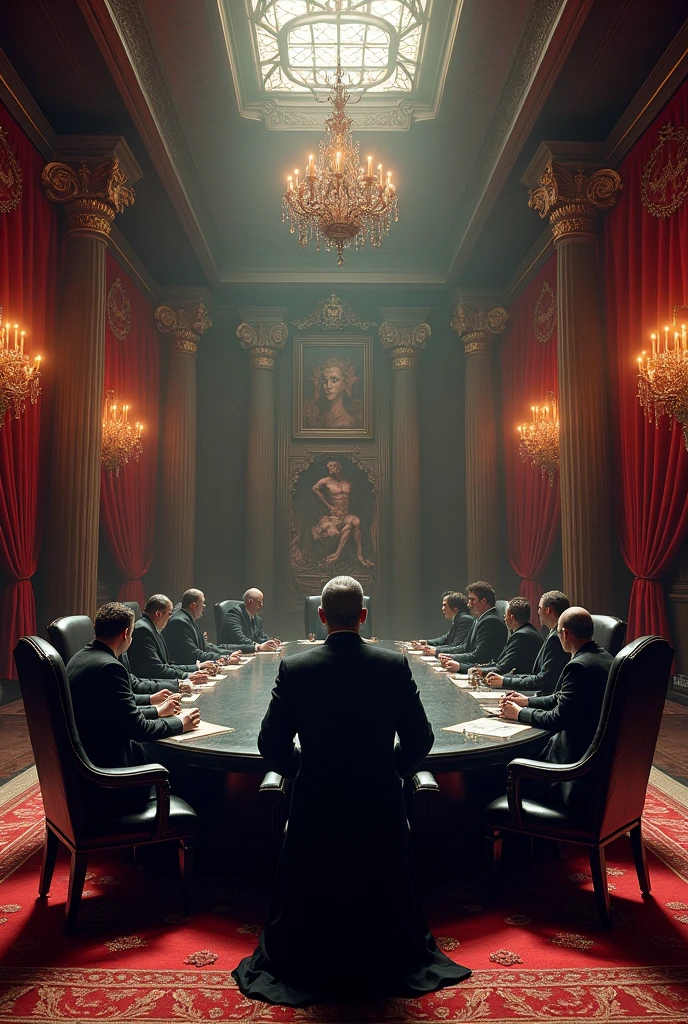 Create a hell-style boardroom that is big, very elegant, with pictures of demons, that there are windows with cherry curtains, chandeliers and put a circular black table in the middle with 6 chairs around it