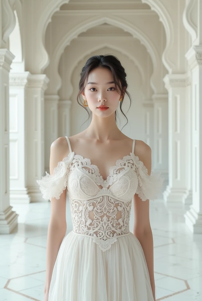 In a white hall that resembles the Taj Mahal, ((Mid-shot, full-body shot,))) masterpiece, Lace brazier model, 8k beautiful 2, (((closeup portrait,))) (Front diagram:1.4), symmetrical face, Symmetrical eyes, Ultra 8K detailed photos, 8K resolution concept