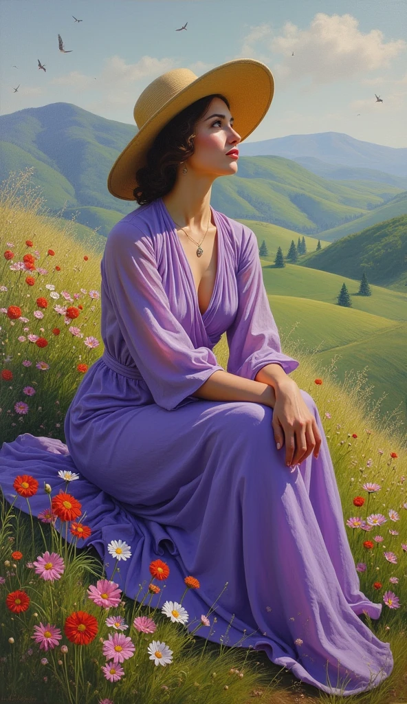 painting of a woman in a purple dress and hat sitting on a hill, inspired by Howard Chandler Christy, in style of steve henderson, inspired by Zinaida Serebriakova, inspired by Leon Kroll, by Albert Kotin, inspired by Archibald Motley, a goddess in a field of flowers, painting of, inspired by Art Frahm