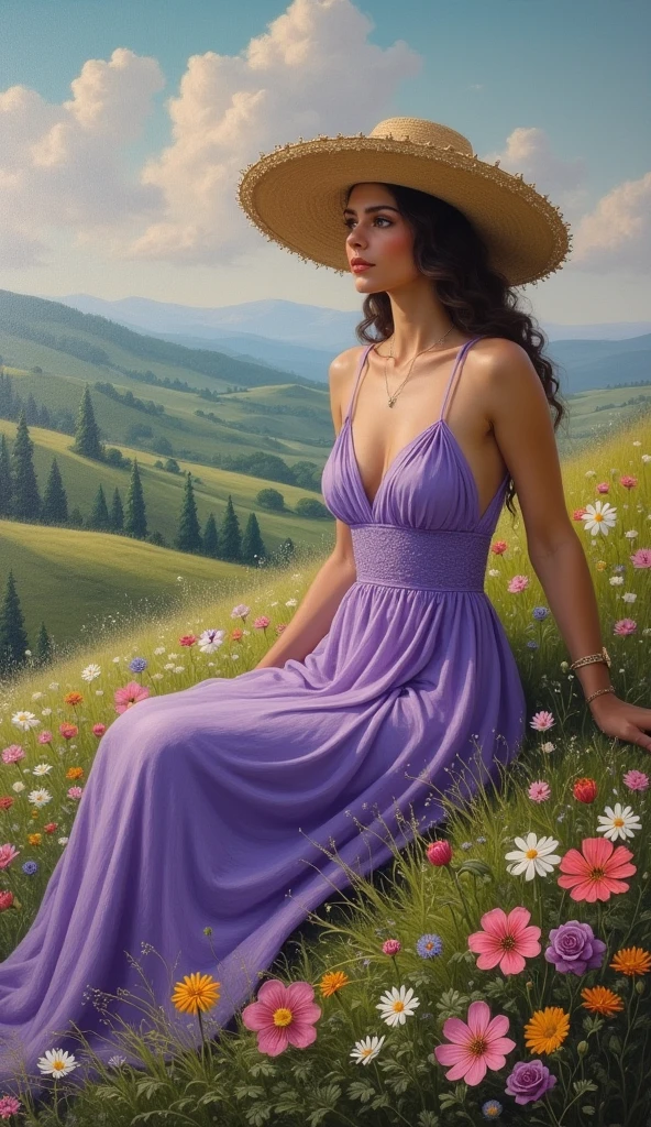 painting of a woman in a purple dress and hat sitting on a hill, inspired by Howard Chandler Christy, in style of steve henderson, inspired by Zinaida Serebriakova, inspired by Leon Kroll, by Albert Kotin, inspired by Archibald Motley, a goddess in a field of flowers, painting of, inspired by Art Frahm