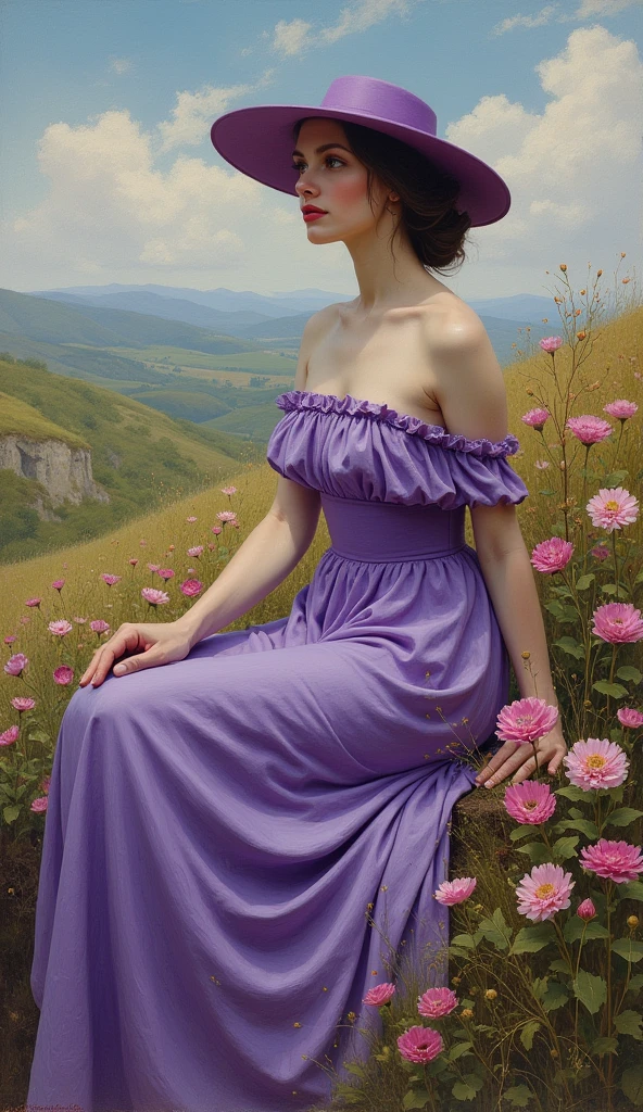 painting of a woman in a purple dress and hat sitting on a hill, inspired by Howard Chandler Christy, in style of steve henderson, inspired by Zinaida Serebriakova, inspired by Leon Kroll, by Albert Kotin, inspired by Archibald Motley, a goddess in a field of flowers, painting of, inspired by Art Frahm