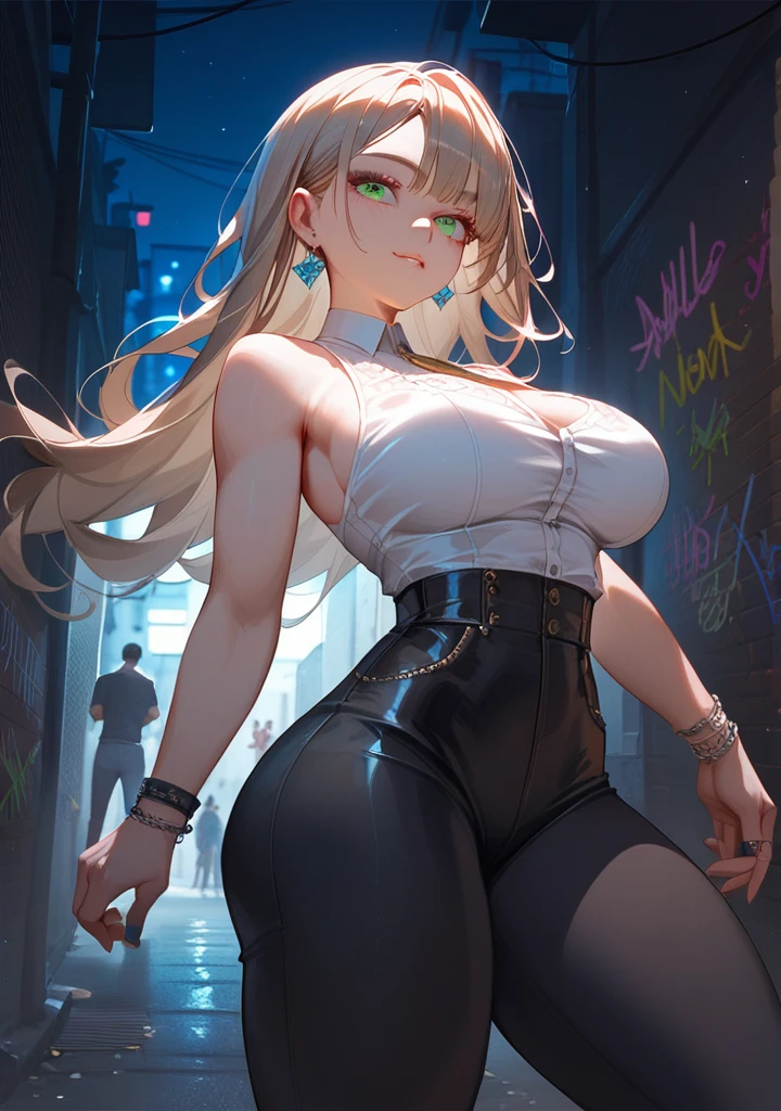 Alley, night, wall graffiti art, Absurd, Perfect Anatomy, performance, Good lighting, Shadows in the movies, large breasts, large butt, thin waist, Long HAIR, light brown HAIR, light green eyes, original HAIR style, Dynamic Angle