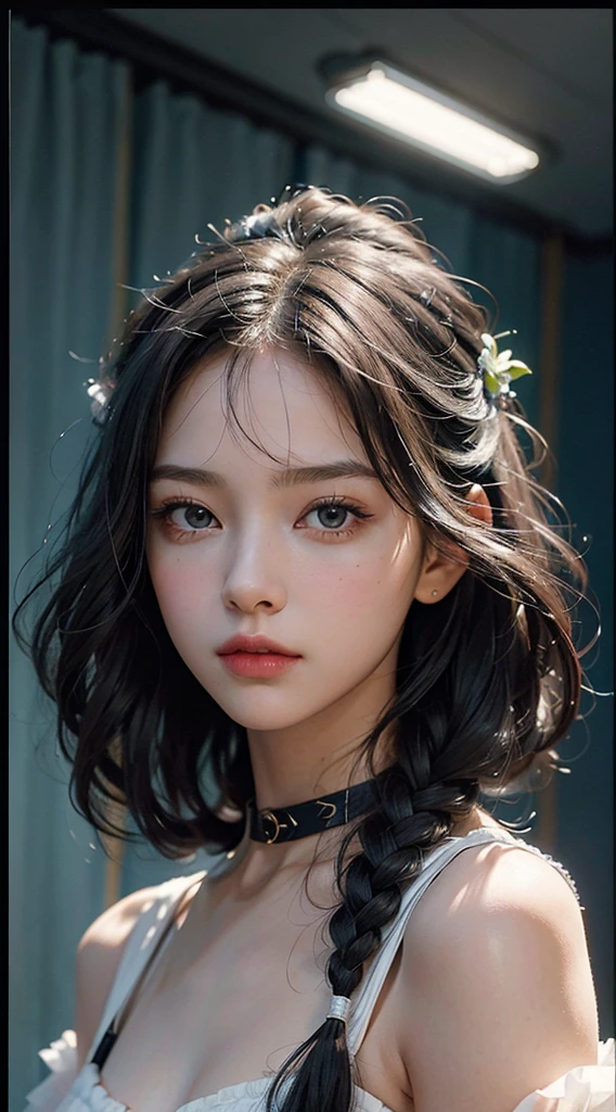 (masterpiece), realistic, (portrait of a girl), beautiful face, sunlight, cinematic light, bangs, a beautiful woman, beautiful eyes, black hair, perfect anatomy, very cute, princess eyes , (black eyes) , (frame the head), Centered image, stylized, bioluminescence, 8 life size,8k Resolution, white low-cut dress with small blue details, human hands, wonder full, elegant, approaching perfection, dynamic, highly detailed, character sheet, concept art, smooth, facing directly at the viewer positioned so that their body is symmetrical and balanced, stunningly beautiful age girl, detailed hairstyle,