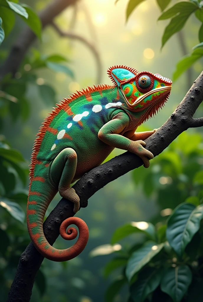 A chameleon in a tropical tree, changing color. Capture the exact moment of color change to show the variety of tones and how this serves for communication.