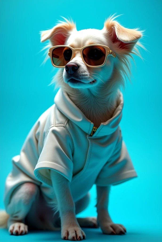 The best cell phone wallpaper, Award-Winning Wallpaper, portrait photography, In the front view is a portrait of a cute dog wearing mid-1960s space age fashion, Side view photo, Shot with Canon EOS R5, Set a strong contrast that accentuates the subject, Fluorescent blue tone, Wearing a very modern coat and sunglasses is a modern 1960s style, Clothes all in one color, beautiful background