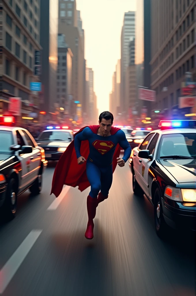 Superman runs away from the police and people watch the scene
