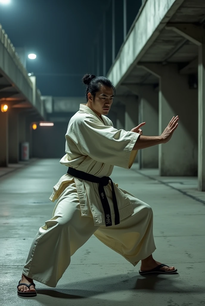 japanese man wearing a kariginu set doing a karate pose on an empty parking lot, performing a shoryuken