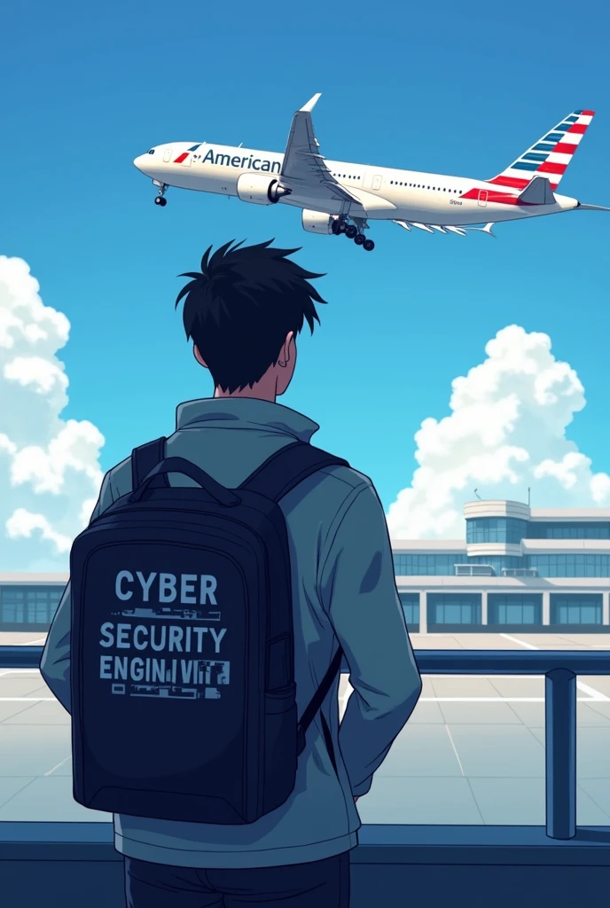 Cyber security engineer is in airport watching plane flying with his bag
In his school bag   it's clearly written Capital words  Cyber security engineer 
Matched with his dress colour 
Anime character
Good hairstyle 
In plane it's written American airlines 