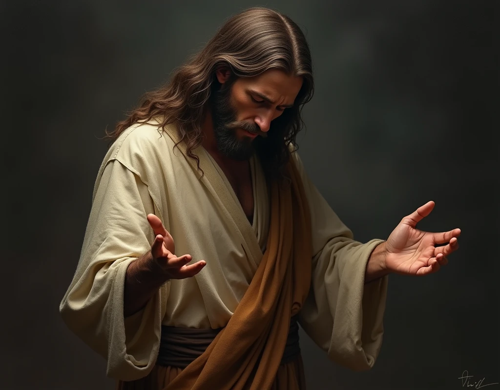 We need an image of Jesus with his hands outstretched asking for something and looking very sad.