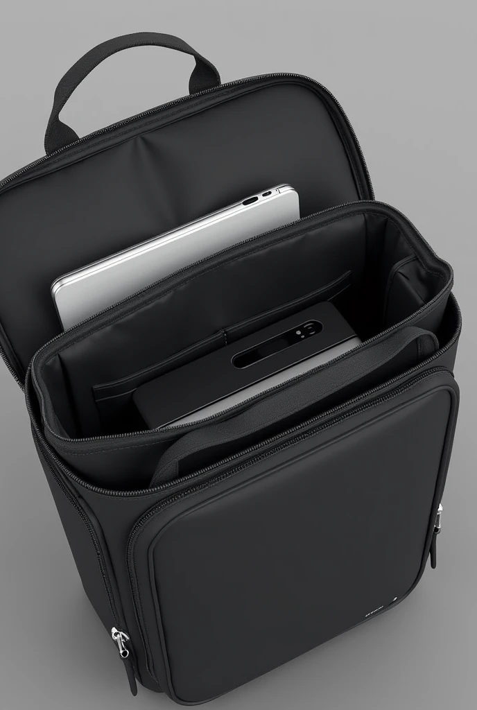 Bag with multiple compartments and built in powerbank inside, the built-in powerbank is located in the corner. The corner side of the case of powerbank has LED Battery Indicator and has charging ports