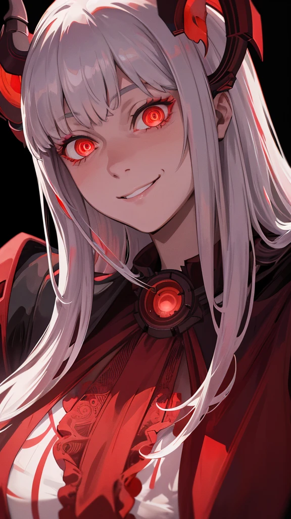 a woman with glowing red eyes, circular pupils, and a mischievous smile, a night hunter with a scary, defocused background, highly detailed portrait, perfect face, intricate and high resolution, ultra detailed realistic, dramatic hard lighting, best quality