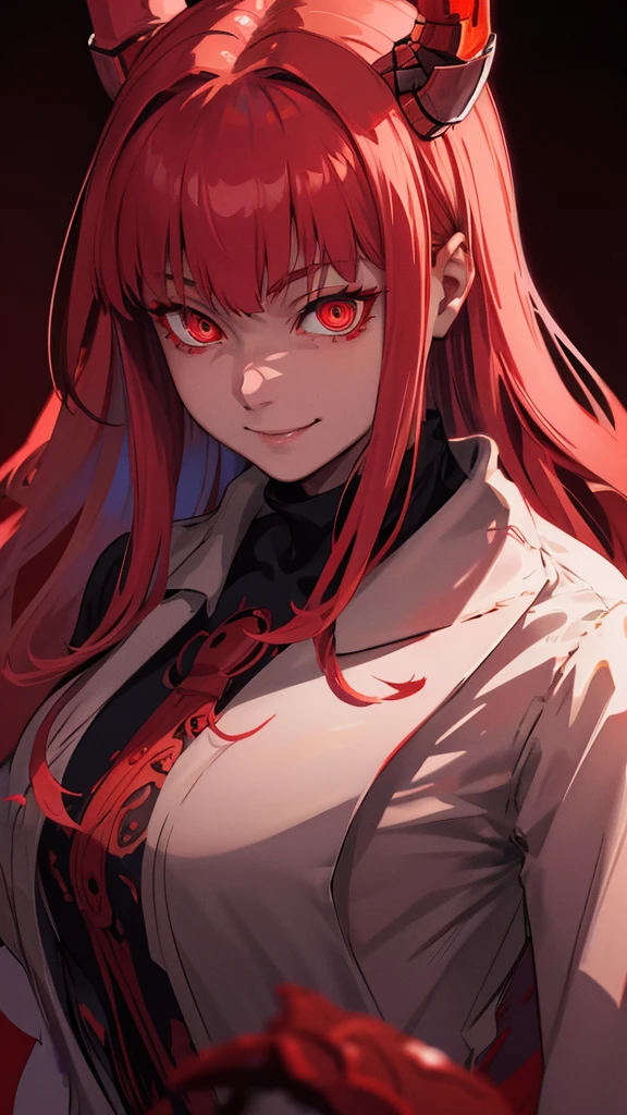 a woman with glowing red eyes, circular pupils, and a mischievous smile, a night hunter with a scary, defocused background, highly detailed portrait, perfect face, intricate and high resolution, ultra detailed realistic, dramatic hard lighting, best quality