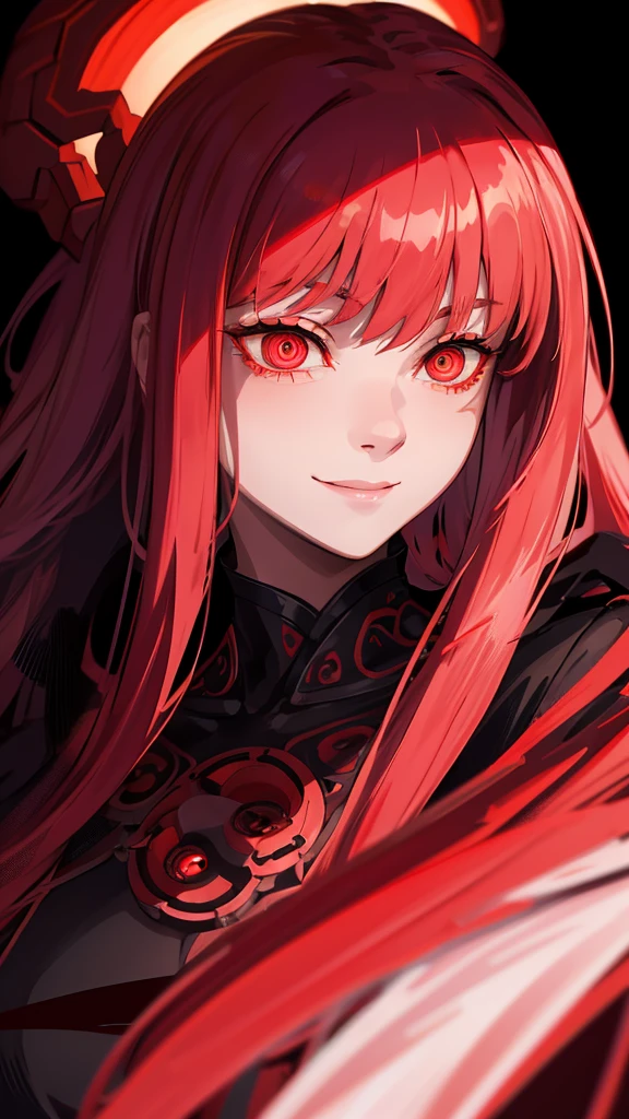 a woman with glowing red eyes, circular pupils, and a mischievous smile, a night hunter with a scary, defocused background, highly detailed portrait, perfect face, intricate and high resolution, ultra detailed realistic, dramatic hard lighting, best quality