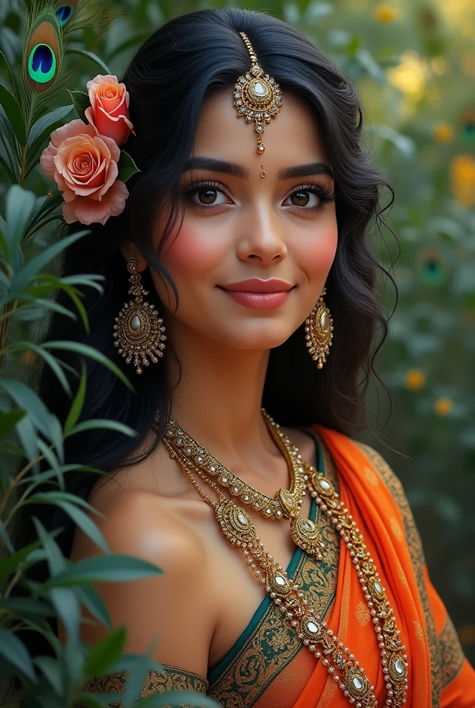 "A beautiful woman with long, body color fair,dark hair adorned with flowers and jewelry. She is wearing a traditional Indian outfit and has a gentle smile on her face. She is surrounded by peacock feathers and has a serene expression."